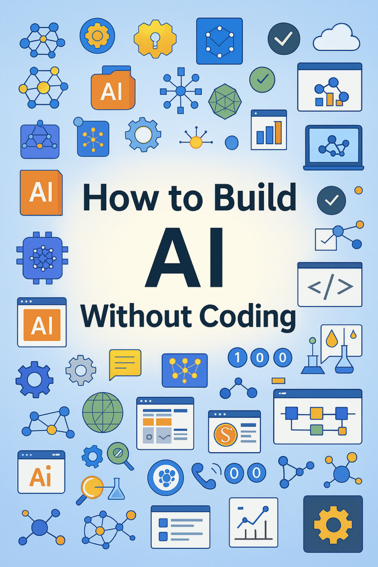 Infographic showing “How to Build AI Without Coding” with premium flat-design AI icons, workflow graphics, and no-code development elements.