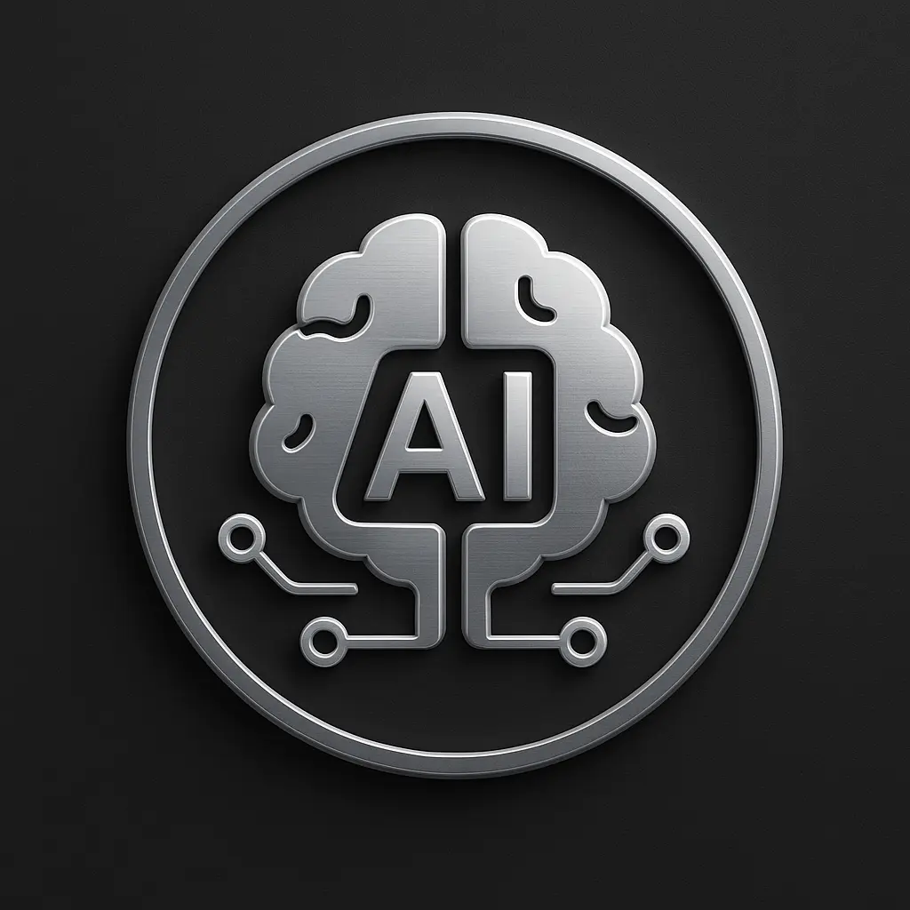 3D metallic AI tools icon with a chrome brain, AI lettering, and circuit lines on a charcoal background