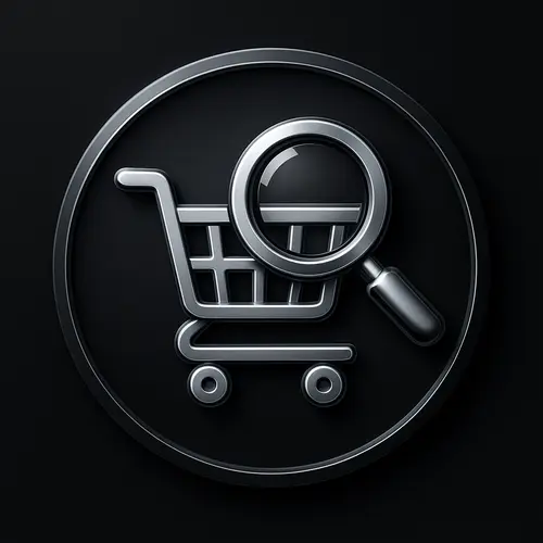 3D metallic buying guide icon showing a shopping cart with a magnifying glass on a charcoal background
