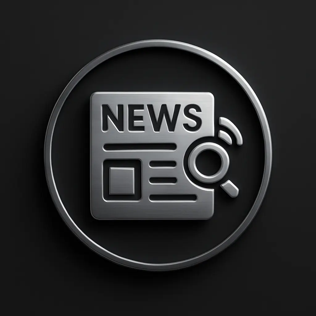 3D metallic tech news icon with a newspaper, radio waves, and magnifying glass on a charcoal background