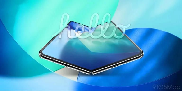 Foldable iPhone concept showing a crease-free display with “hello” graphic overlay