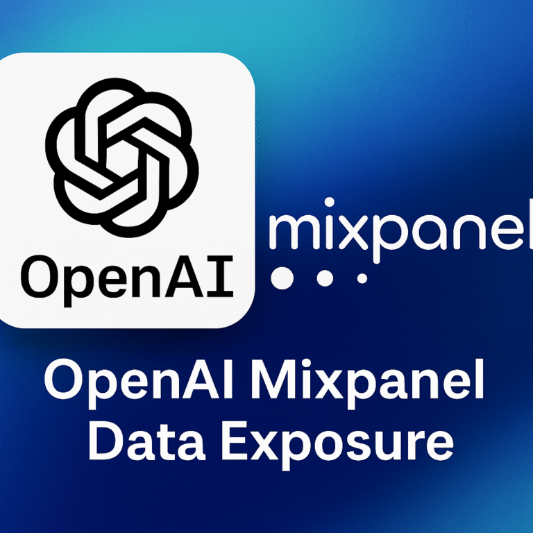 OpenAI and Mixpanel logos displayed together on a blue gradient background representing the 2025 data exposure incident