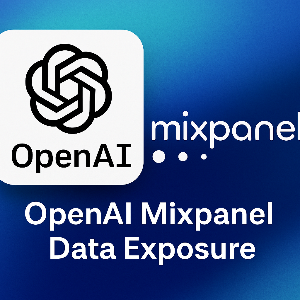 OpenAI and Mixpanel logos displayed together on a blue gradient background representing the 2025 data exposure incident