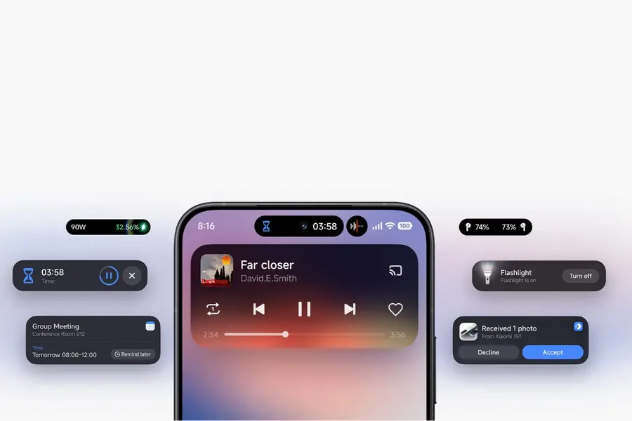 HyperOS 3 HyperIsland interface showcasing live notifications, music controls, and smart bubbles