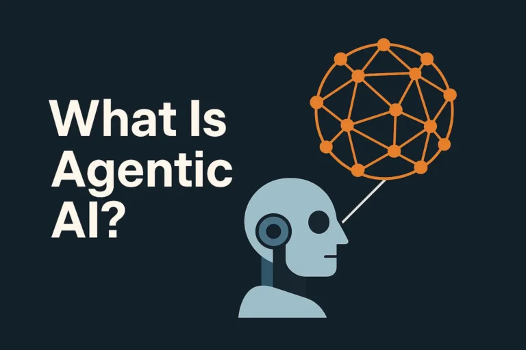 Concept illustration of a humanoid robot analyzing a digital knowledge sphere representing autonomous AI agents.