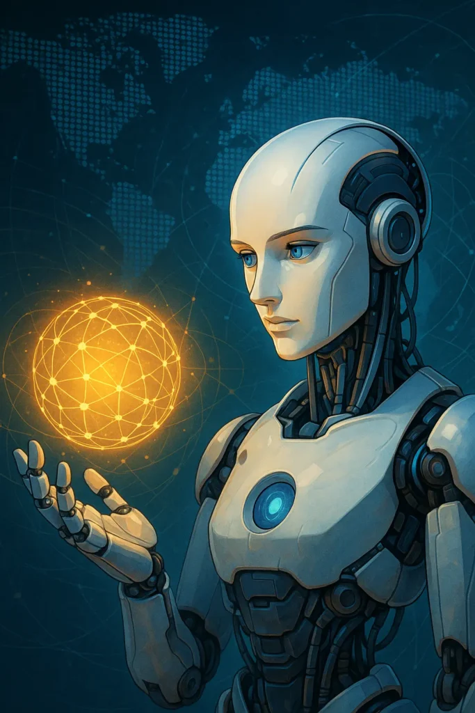 Minimalist editorial illustration showing a robot facing a neural network sphere with the title “What Is Agentic AI?”.