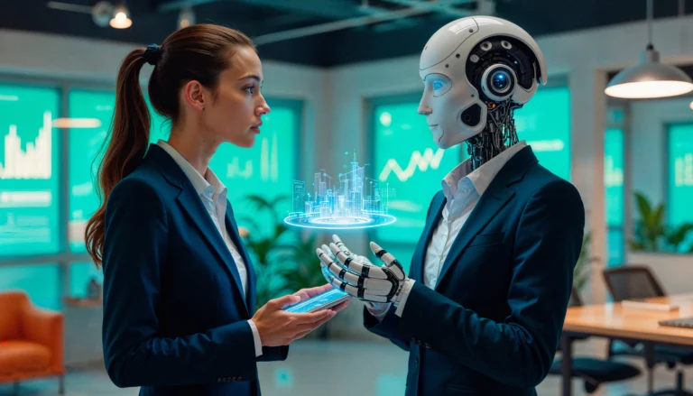A human interacting with a humanoid robot displaying a digital city model, representing AI agents collaborating in real-world tasks.