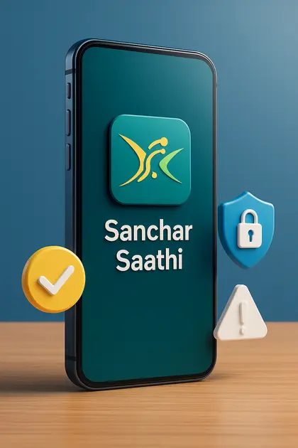 3D illustration of a smartphone displaying the Sanchar Saathi app with security icons, representing India’s mandatory safety app requirement.