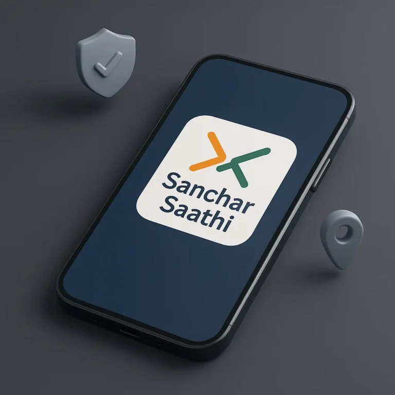 3D illustration of smartphone with Sanchar Saathi app icon representing India’s mandatory app rule 2025.