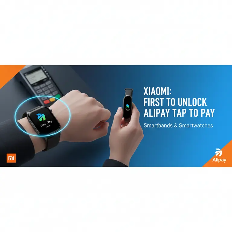 A person wearing a Xiaomi smartwatch and smartband using Alipay Tap to Pay at a payment terminal. High-tech blue background with Xiaomi and Alipay logos.